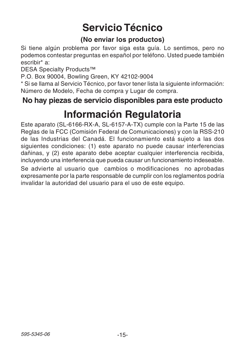 Información regulatoria, Servicio técnico | Heath Zenith SL-6157 User Manual | Page 15 / 24
