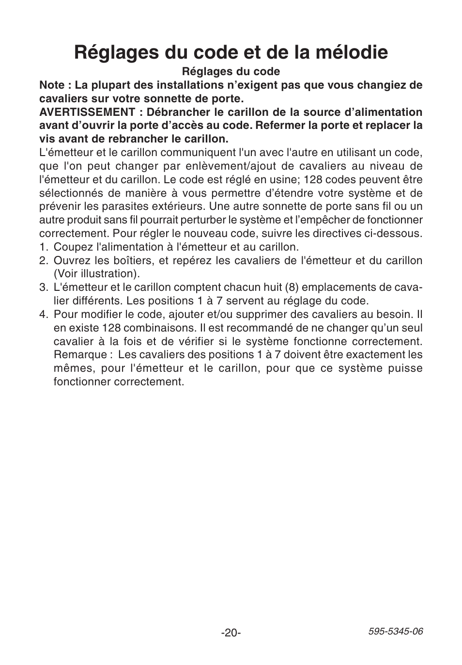 Réglages du code et de la mélodie | Heath Zenith SL-6157 User Manual | Page 20 / 24
