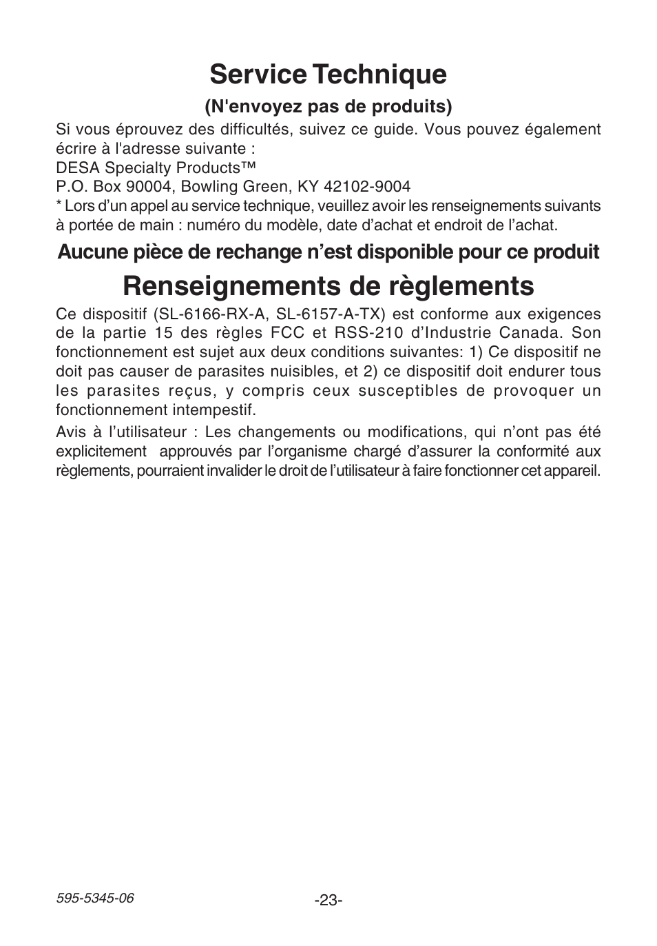 Renseignements de règlements, Service technique | Heath Zenith SL-6157 User Manual | Page 23 / 24