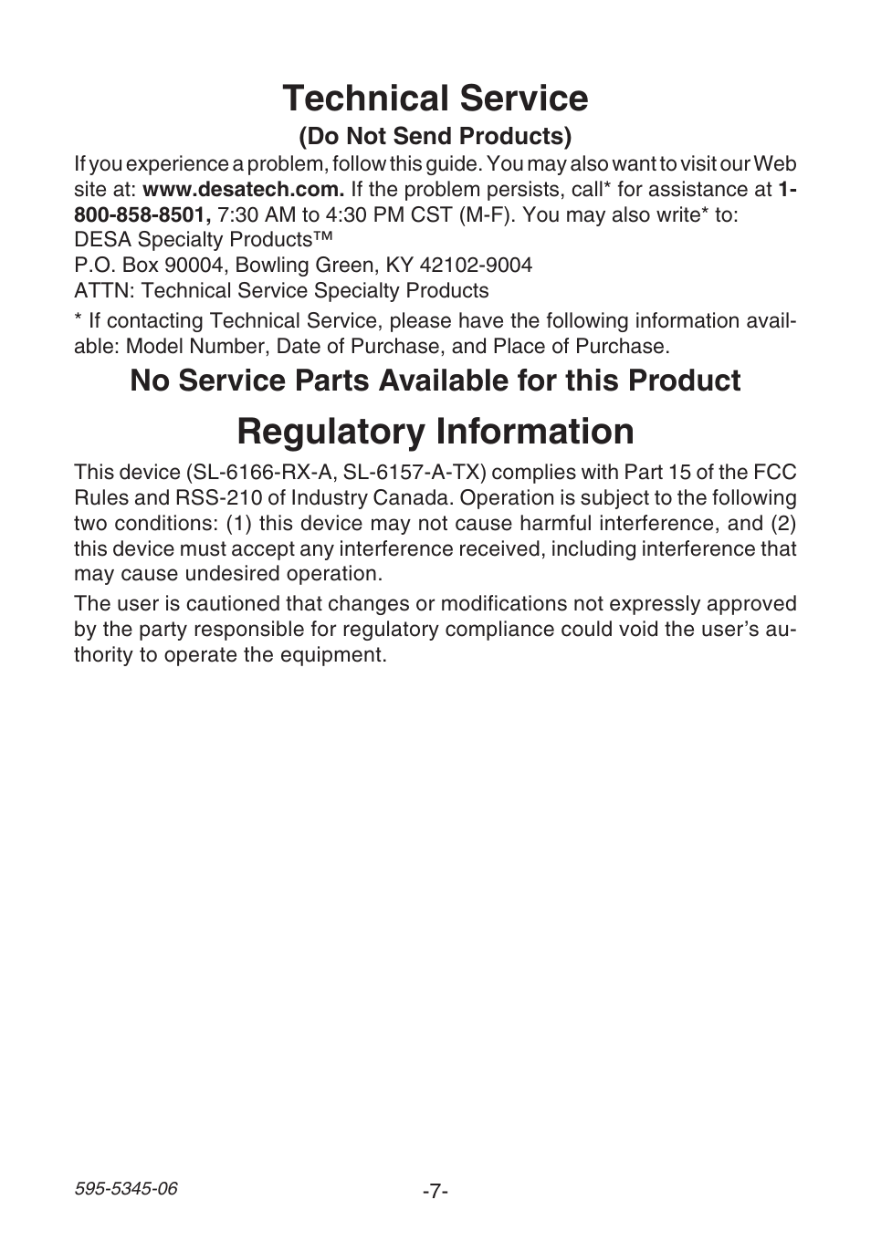 Regulatory information, Technical service, No service parts available for this product | Heath Zenith SL-6157 User Manual | Page 7 / 24