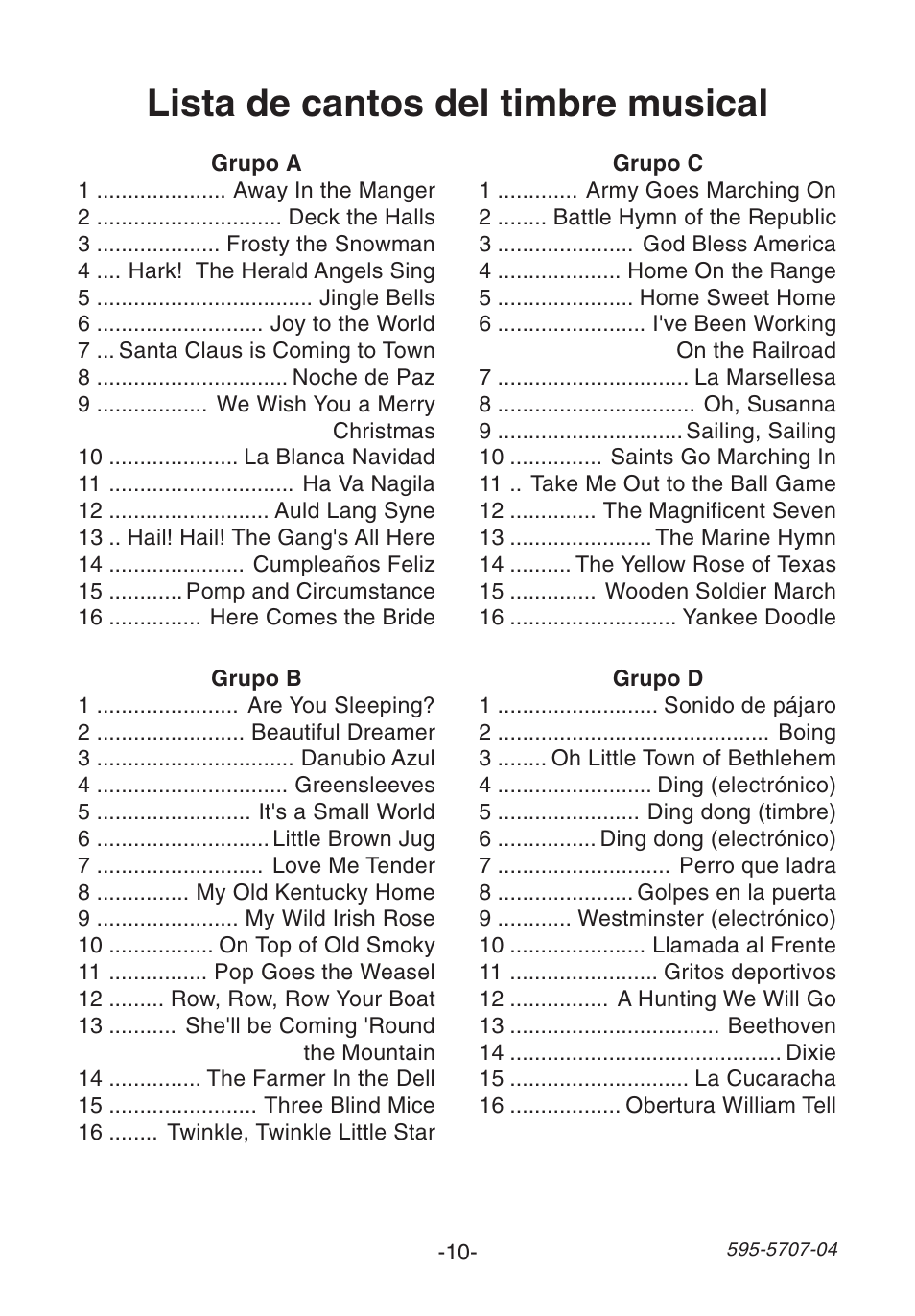 Lista de cantos del timbre musical | Heath Zenith SL-6164 User Manual | Page 10 / 20