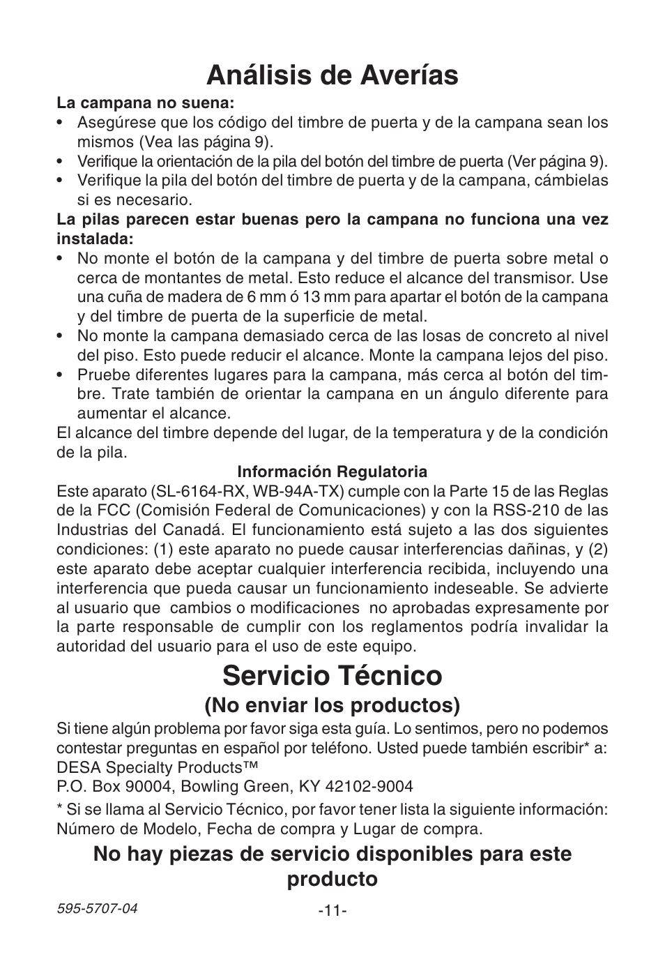 Análisis de averías, Servicio técnico, No enviar los productos) | Heath Zenith SL-6164 User Manual | Page 11 / 20