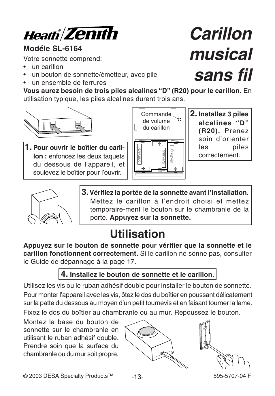 Carillon musical sans fil, Utilisation | Heath Zenith SL-6164 User Manual | Page 13 / 20