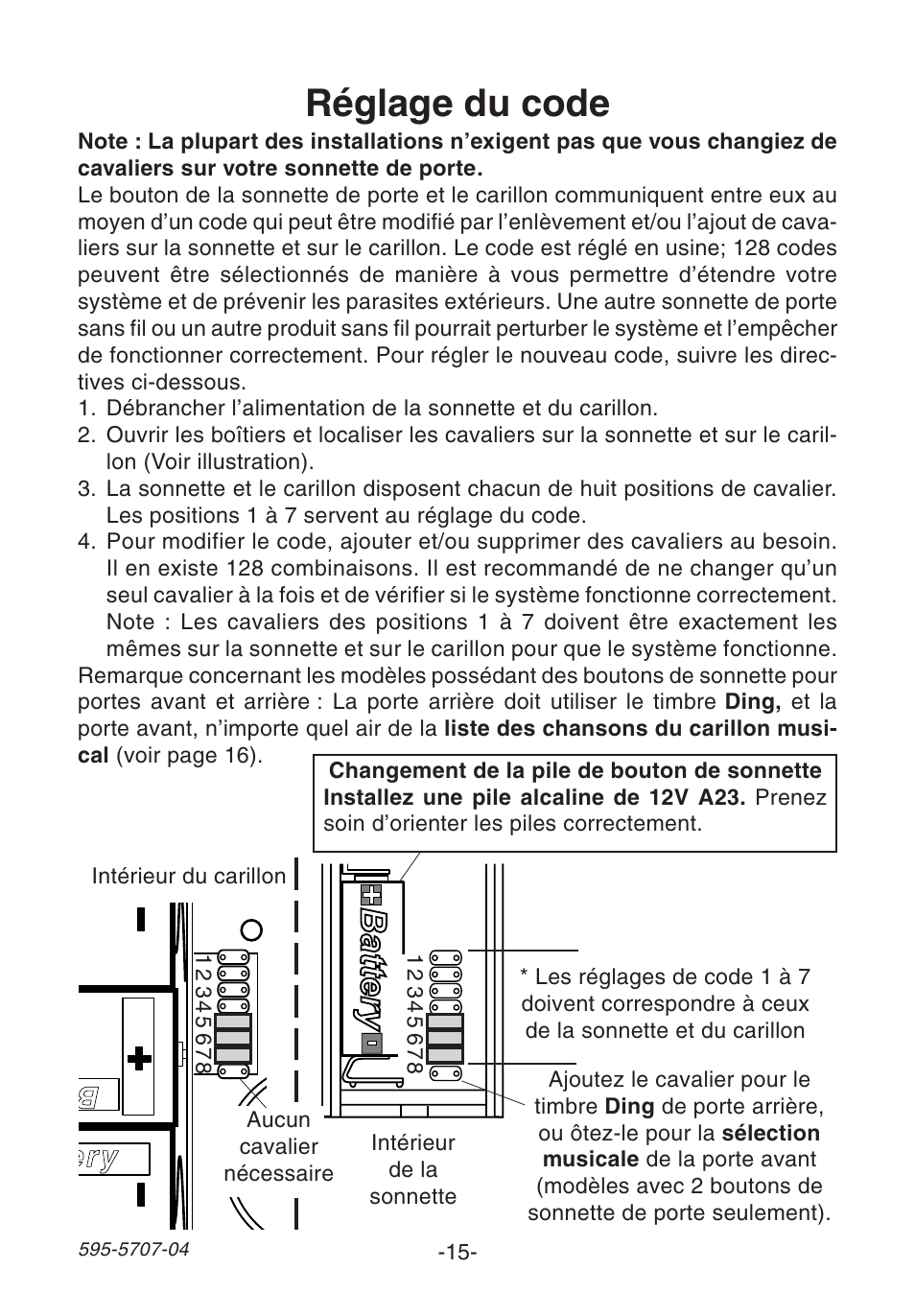 Réglage du code, Ery battery ery battery b battery | Heath Zenith SL-6164 User Manual | Page 15 / 20