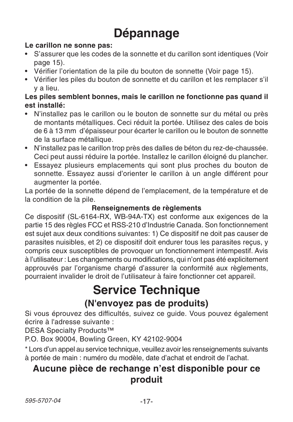 Dépannage, Service technique, N'envoyez pas de produits) | Heath Zenith SL-6164 User Manual | Page 17 / 20