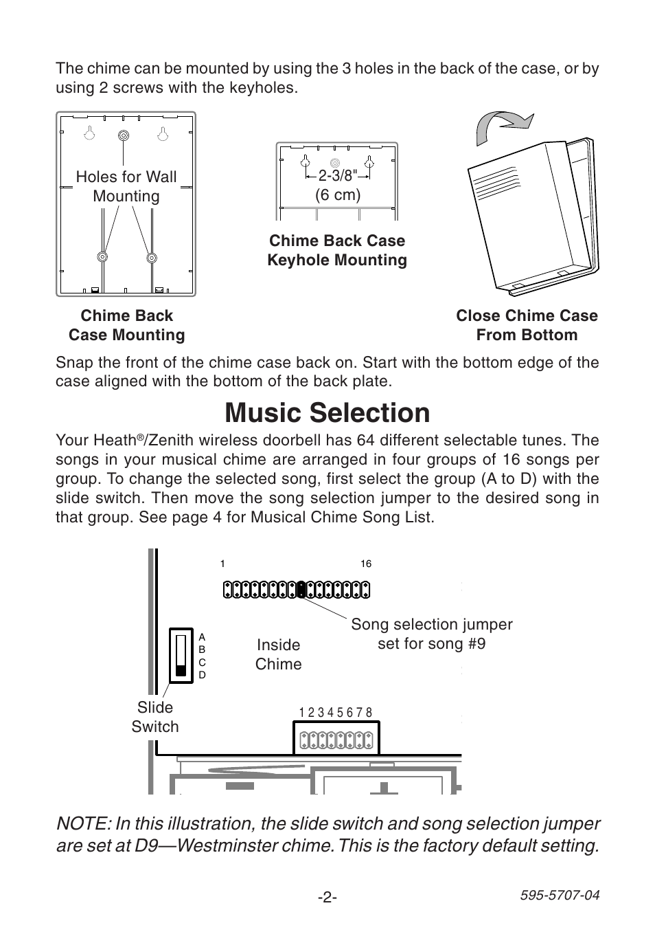 Battery, Music selection | Heath Zenith SL-6164 User Manual | Page 2 / 20