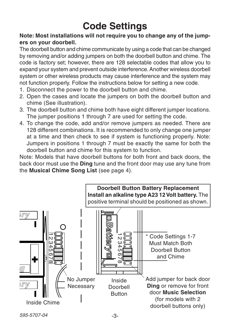 Code settings, Ery battery ery battery b battery | Heath Zenith SL-6164 User Manual | Page 3 / 20