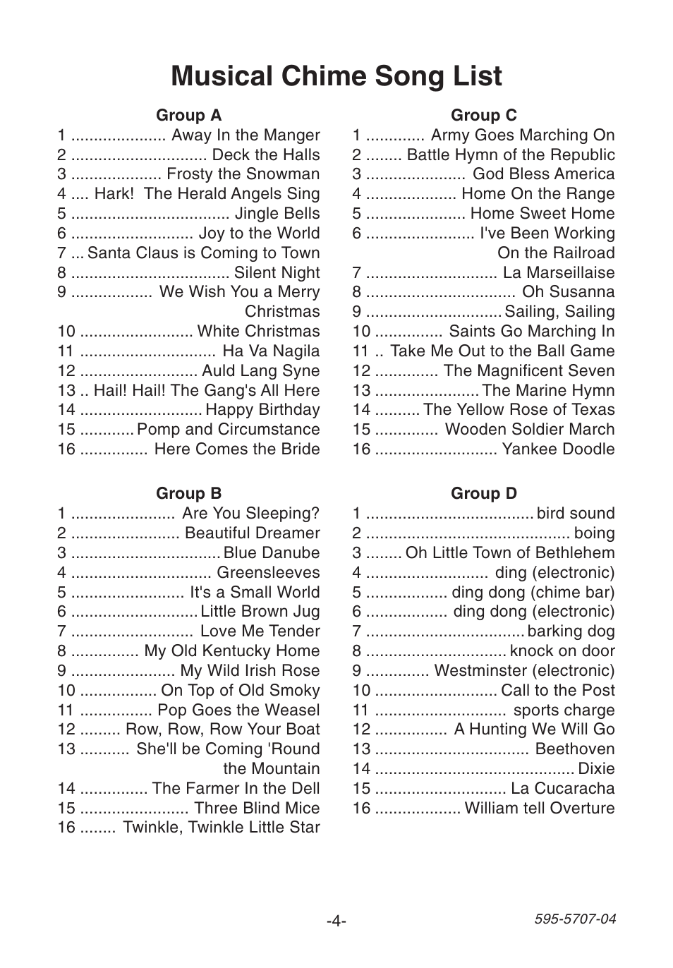 Musical chime song list | Heath Zenith SL-6164 User Manual | Page 4 / 20
