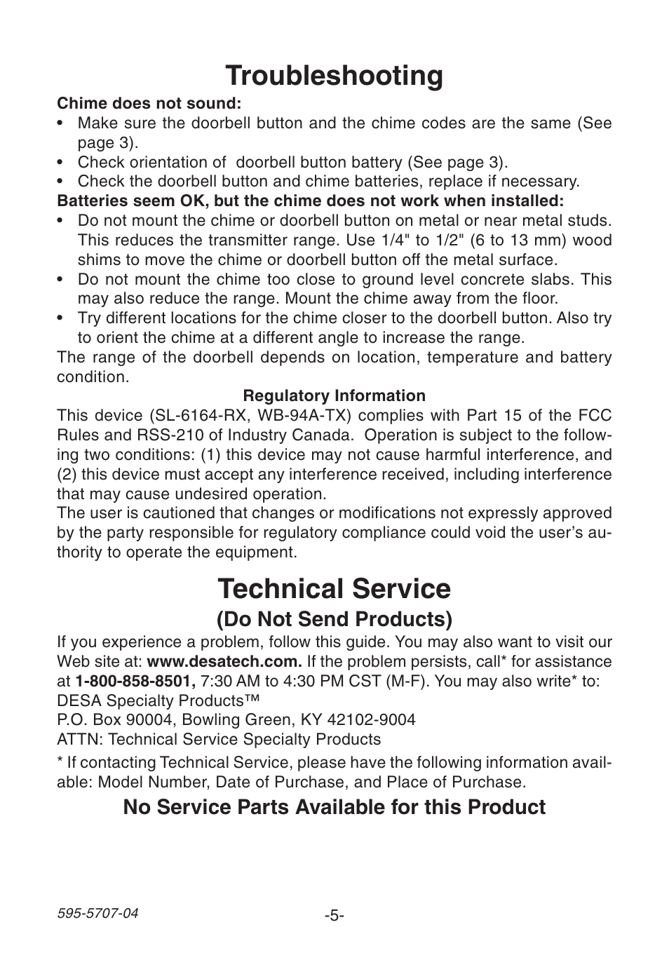 Troubleshooting, Technical service, Do not send products) | No service parts available for this product | Heath Zenith SL-6164 User Manual | Page 5 / 20