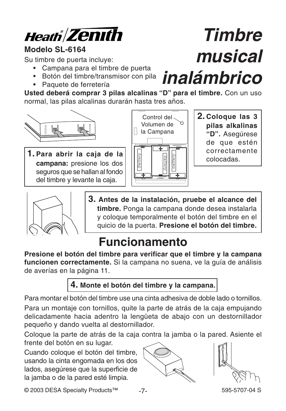 Timbre musical inalámbrico, Funcionamento | Heath Zenith SL-6164 User Manual | Page 7 / 20