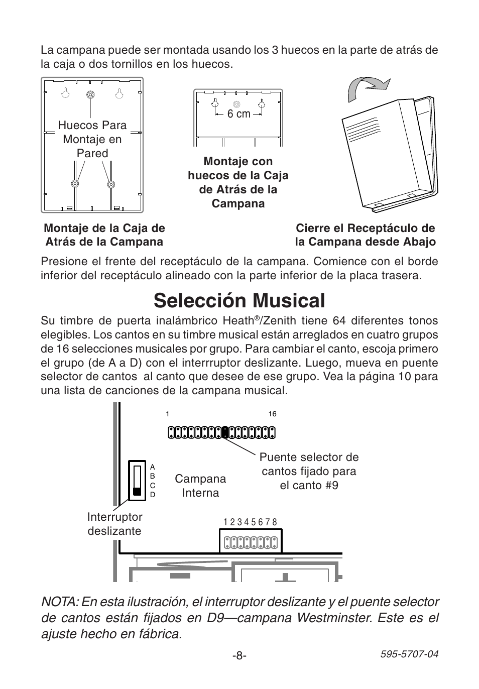 Battery, Selección musical | Heath Zenith SL-6164 User Manual | Page 8 / 20