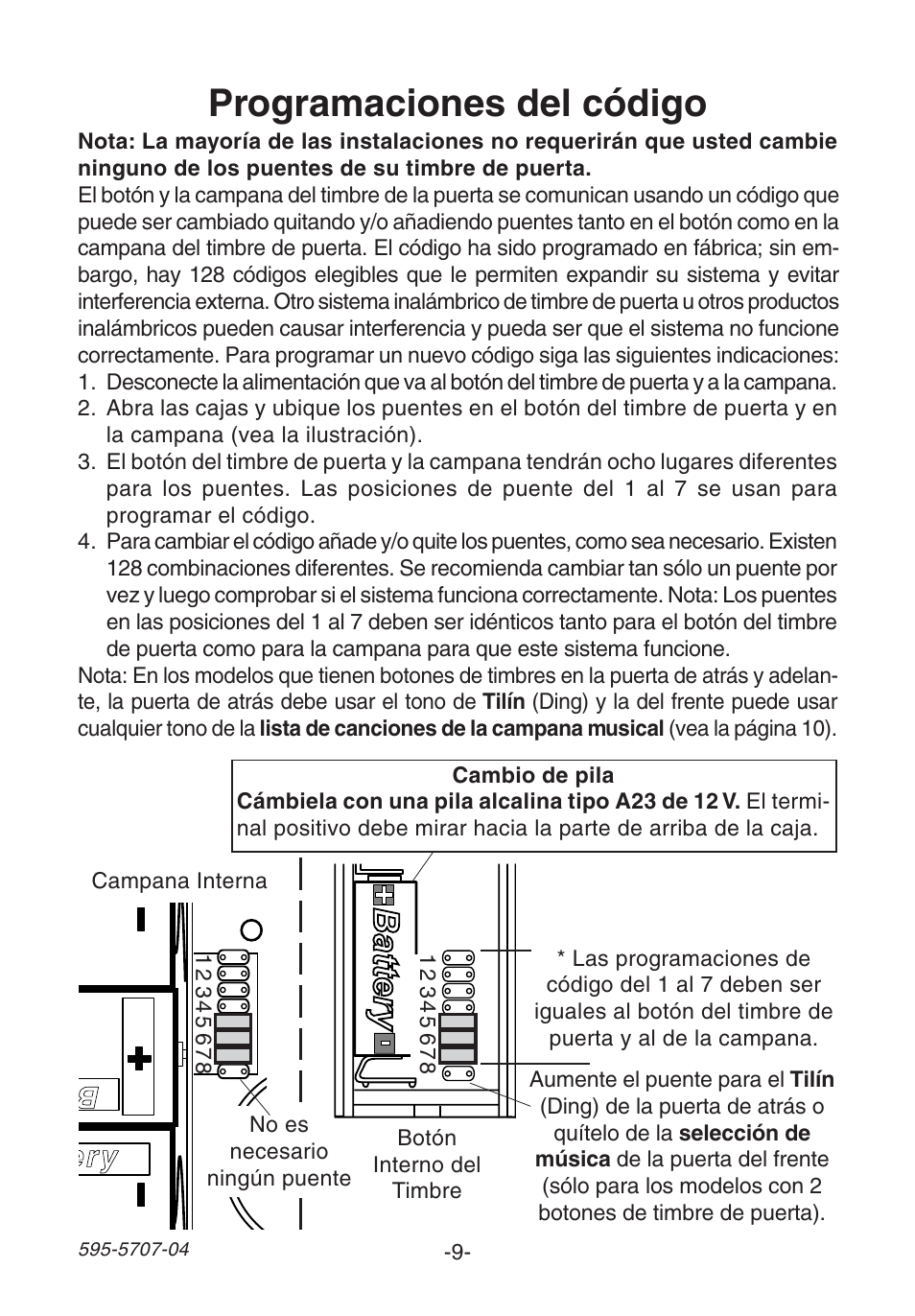 Programaciones del código, Ery battery ery battery b battery | Heath Zenith SL-6164 User Manual | Page 9 / 20
