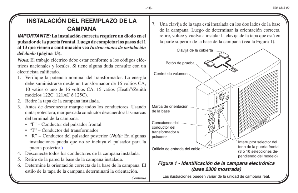 Instalación del reemplazo de la campana | Heath Zenith Hardwired Electronic Chime 598-1313-00 User Manual | Page 10 / 24
