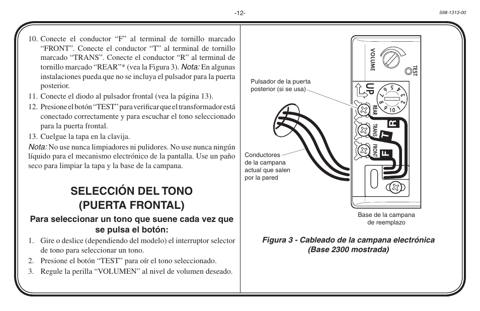 Selección del tono (puerta frontal) | Heath Zenith Hardwired Electronic Chime 598-1313-00 User Manual | Page 12 / 24