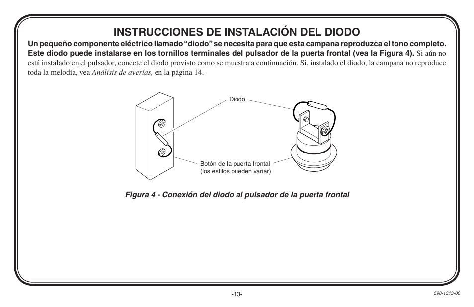 Instrucciones de instalación del diodo | Heath Zenith Hardwired Electronic Chime 598-1313-00 User Manual | Page 13 / 24