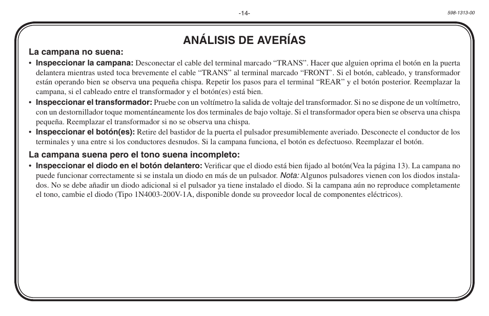 Análisis de averías | Heath Zenith Hardwired Electronic Chime 598-1313-00 User Manual | Page 14 / 24