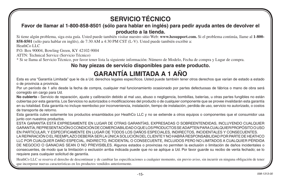 Garantía limitada a 1 año, Servicio técnico | Heath Zenith Hardwired Electronic Chime 598-1313-00 User Manual | Page 15 / 24