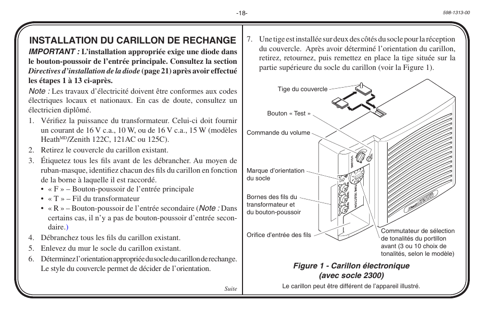 Installation du carillon de rechange | Heath Zenith Hardwired Electronic Chime 598-1313-00 User Manual | Page 18 / 24