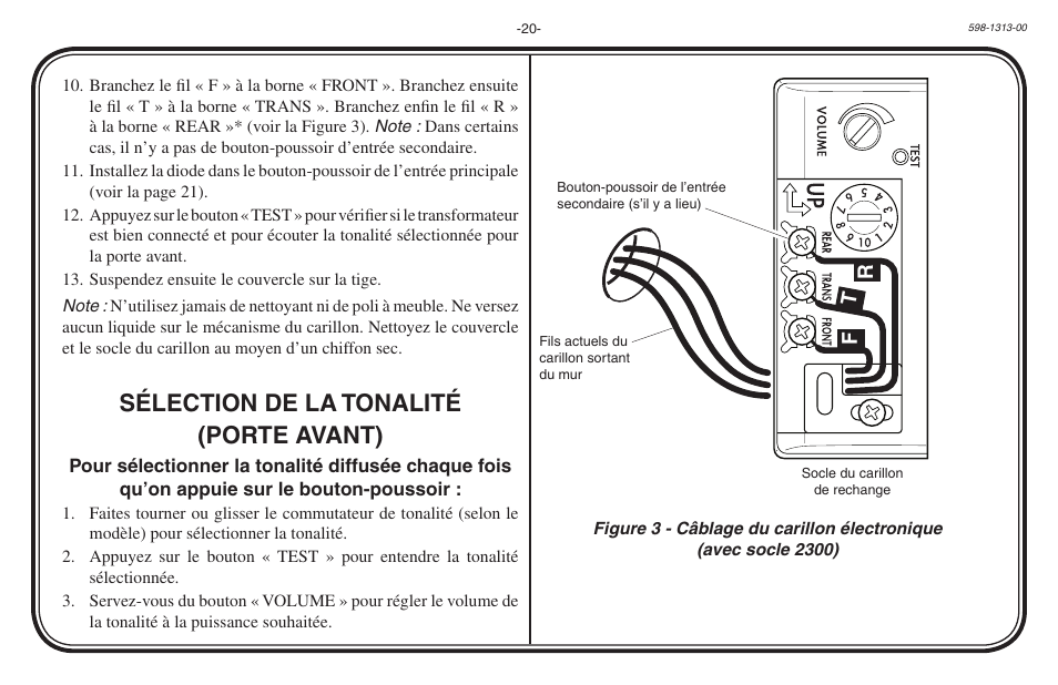 Sélection de la tonalité (porte avant) | Heath Zenith Hardwired Electronic Chime 598-1313-00 User Manual | Page 20 / 24