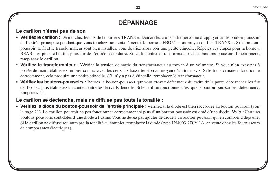 Dépannage | Heath Zenith Hardwired Electronic Chime 598-1313-00 User Manual | Page 22 / 24