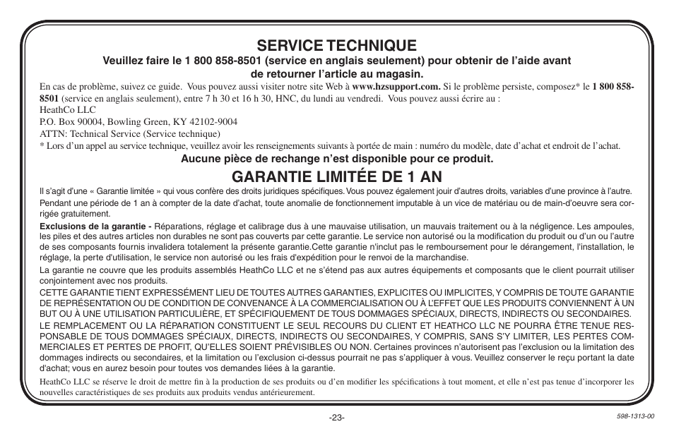 Garantie limitée de 1 an, Service technique | Heath Zenith Hardwired Electronic Chime 598-1313-00 User Manual | Page 23 / 24