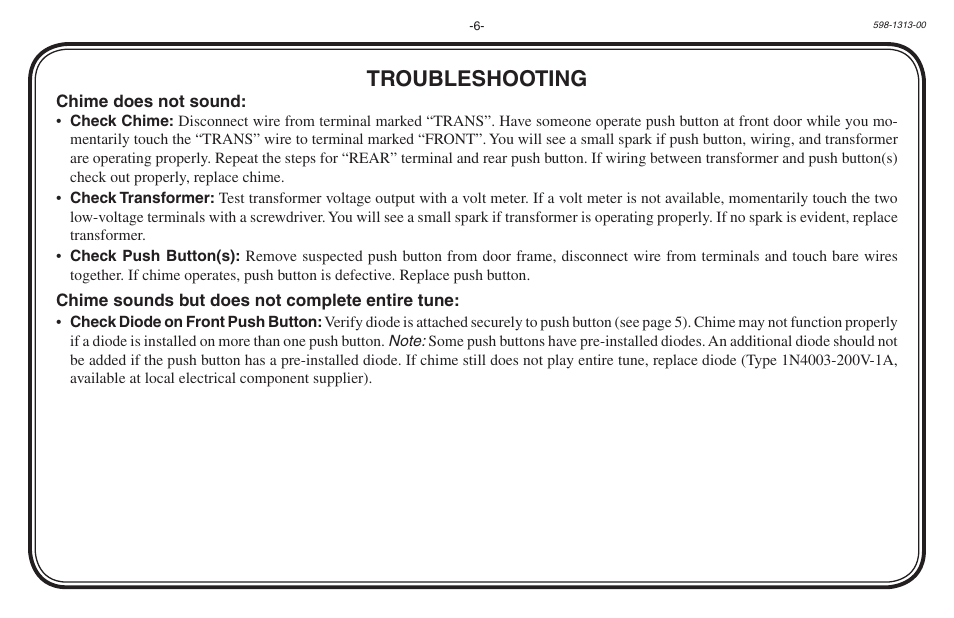 Troubleshooting | Heath Zenith Hardwired Electronic Chime 598-1313-00 User Manual | Page 6 / 24