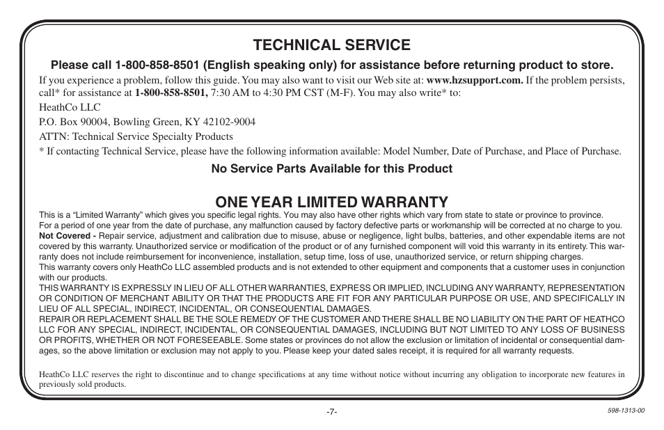 One year limited warranty, Technical service | Heath Zenith Hardwired Electronic Chime 598-1313-00 User Manual | Page 7 / 24