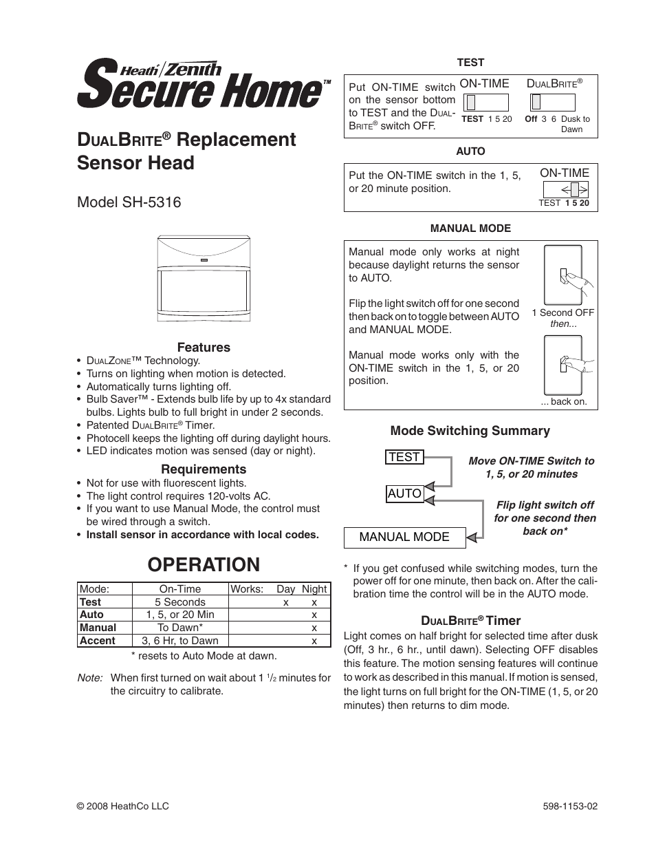 Heath Zenith DualBrite Replacement Sensor Head SH-5316 User Manual | 20 pages