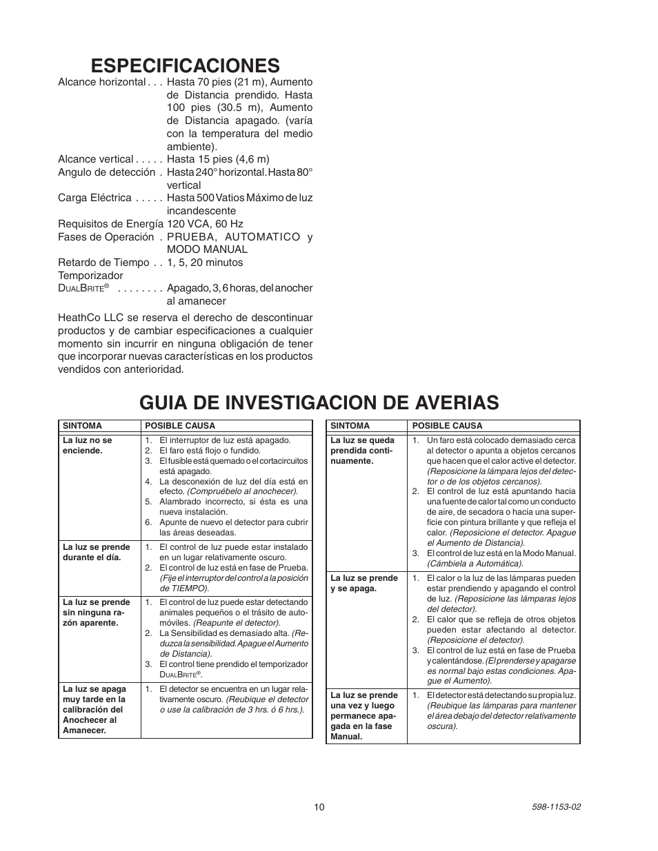 Especificaciones, Guia de investigacion de averias | Heath Zenith DualBrite Replacement Sensor Head SH-5316 User Manual | Page 10 / 20