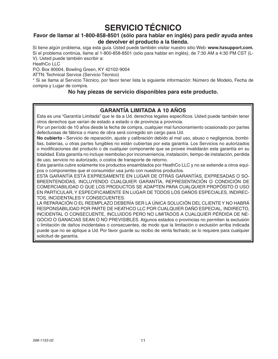 Servicio técnico | Heath Zenith DualBrite Replacement Sensor Head SH-5316 User Manual | Page 11 / 20