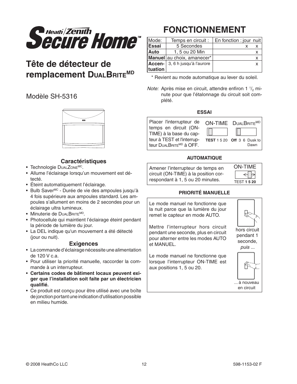 Tête de détecteur de remplacement d, Fonctionnement, Modèle sh-5316 | Rite | Heath Zenith DualBrite Replacement Sensor Head SH-5316 User Manual | Page 12 / 20