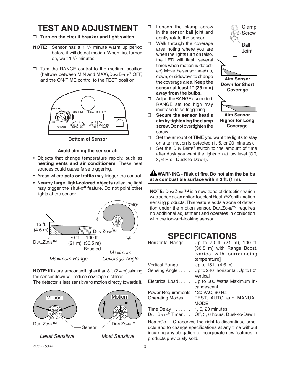 Specifications, Test and adjustment | Heath Zenith DualBrite Replacement Sensor Head SH-5316 User Manual | Page 3 / 20