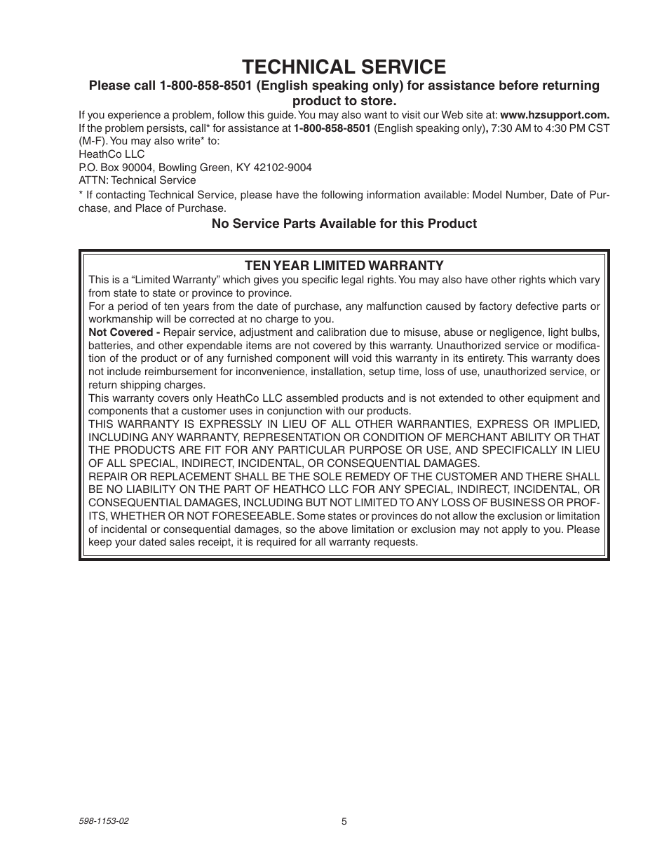 Technical service | Heath Zenith DualBrite Replacement Sensor Head SH-5316 User Manual | Page 5 / 20