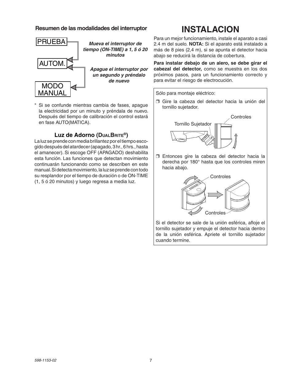 Instalacion, Prueba autom. modo manual | Heath Zenith DualBrite Replacement Sensor Head SH-5316 User Manual | Page 7 / 20