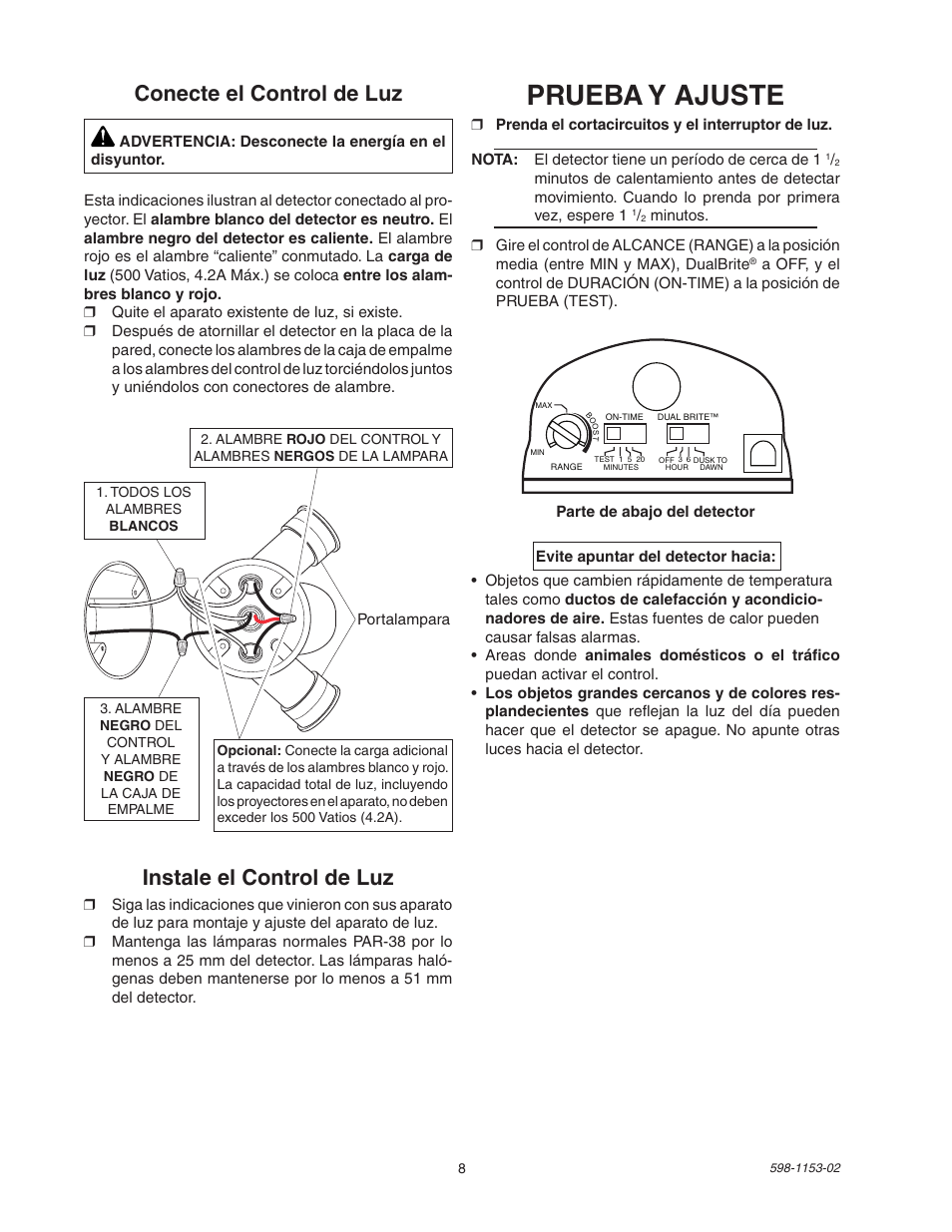 Prueba y ajuste | Heath Zenith DualBrite Replacement Sensor Head SH-5316 User Manual | Page 8 / 20