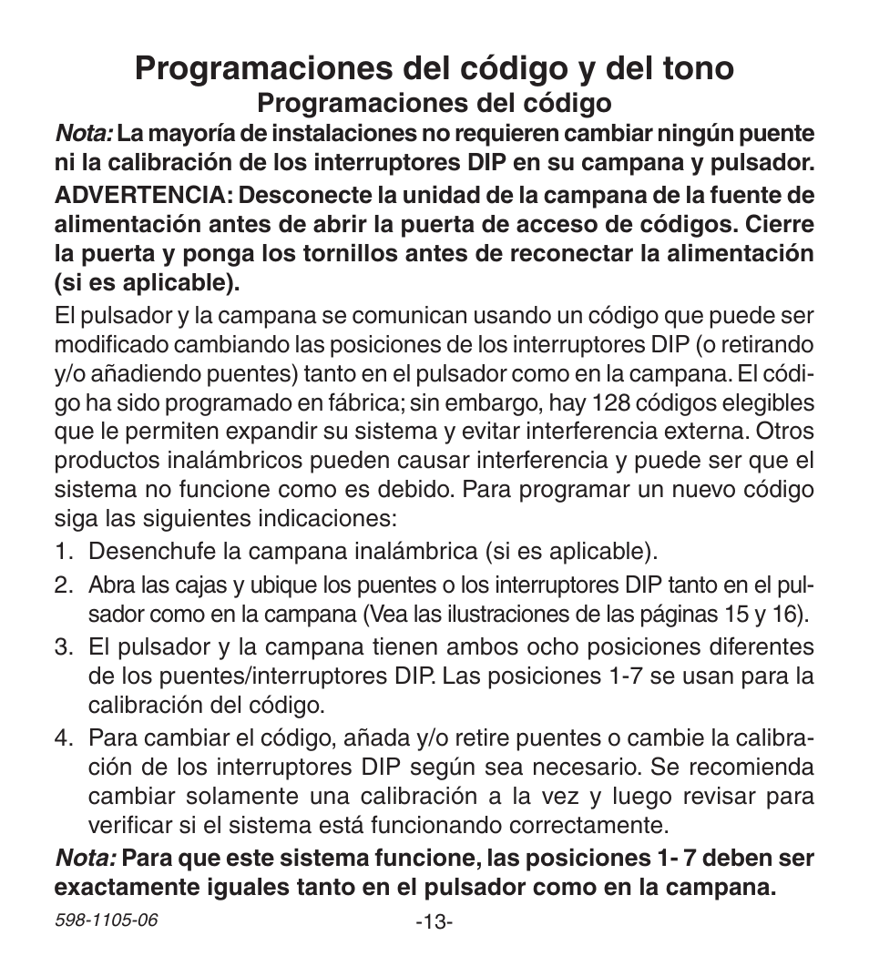 Programaciones del código y del tono | Heath Zenith Wireless Push Button Accessory 598-1105-06 User Manual | Page 13 / 32
