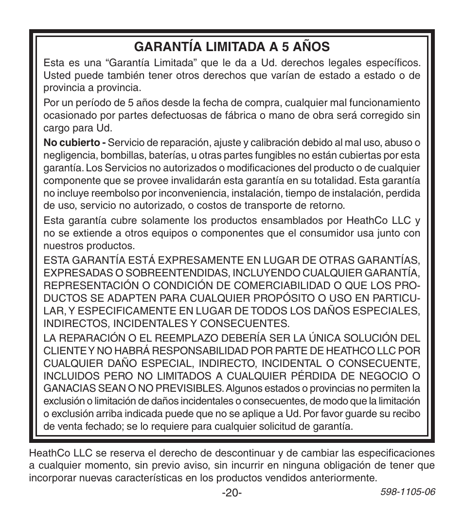 Garantía limitada a 5 años | Heath Zenith Wireless Push Button Accessory 598-1105-06 User Manual | Page 20 / 32