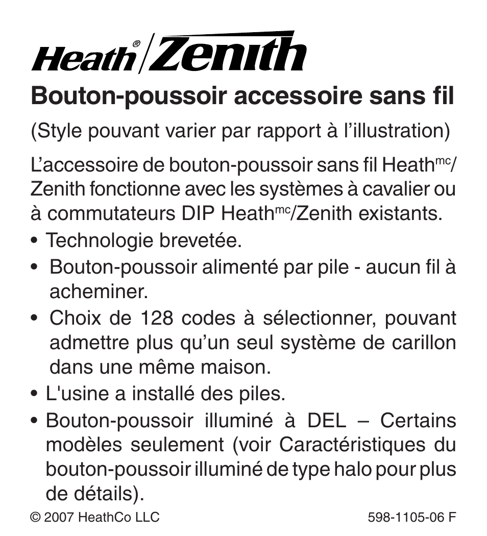 Bouton-poussoir accessoire sans fil, Style pouvant varier par rapport à l’illustration), L’accessoire de bouton-poussoir sans fil heath | Heath Zenith Wireless Push Button Accessory 598-1105-06 User Manual | Page 21 / 32