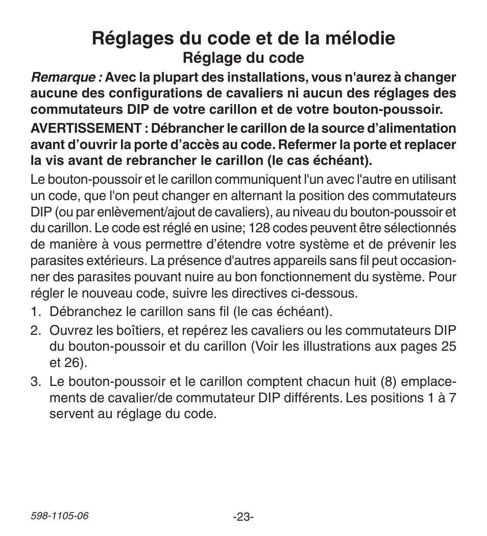 Réglages du code et de la mélodie | Heath Zenith Wireless Push Button Accessory 598-1105-06 User Manual | Page 23 / 32