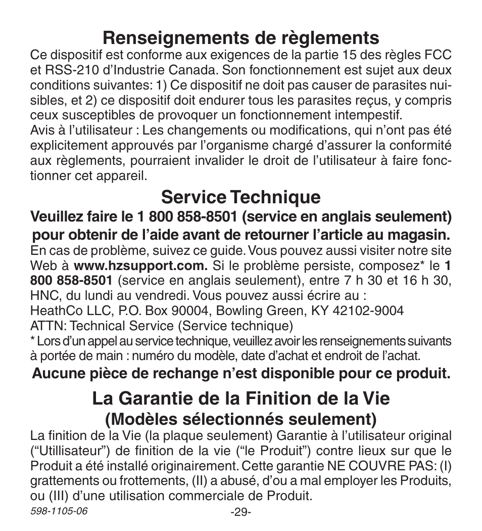 La garantie de la finition de la vie, Service technique, Renseignements de règlements | Modèles sélectionnés seulement) | Heath Zenith Wireless Push Button Accessory 598-1105-06 User Manual | Page 29 / 32