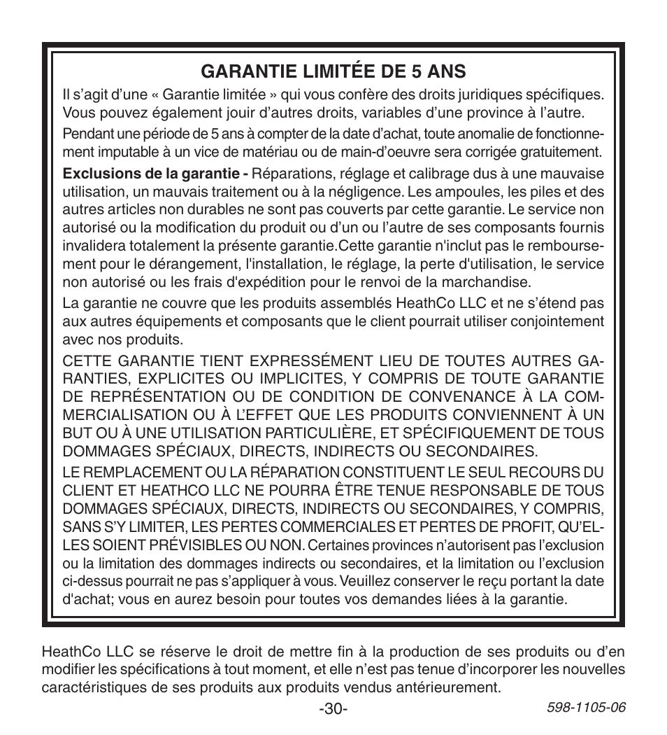 Garantie limitée de 5 ans | Heath Zenith Wireless Push Button Accessory 598-1105-06 User Manual | Page 30 / 32