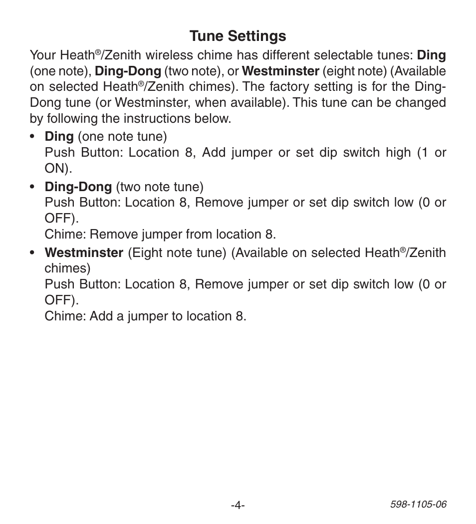 Tune settings | Heath Zenith Wireless Push Button Accessory 598-1105-06 User Manual | Page 4 / 32