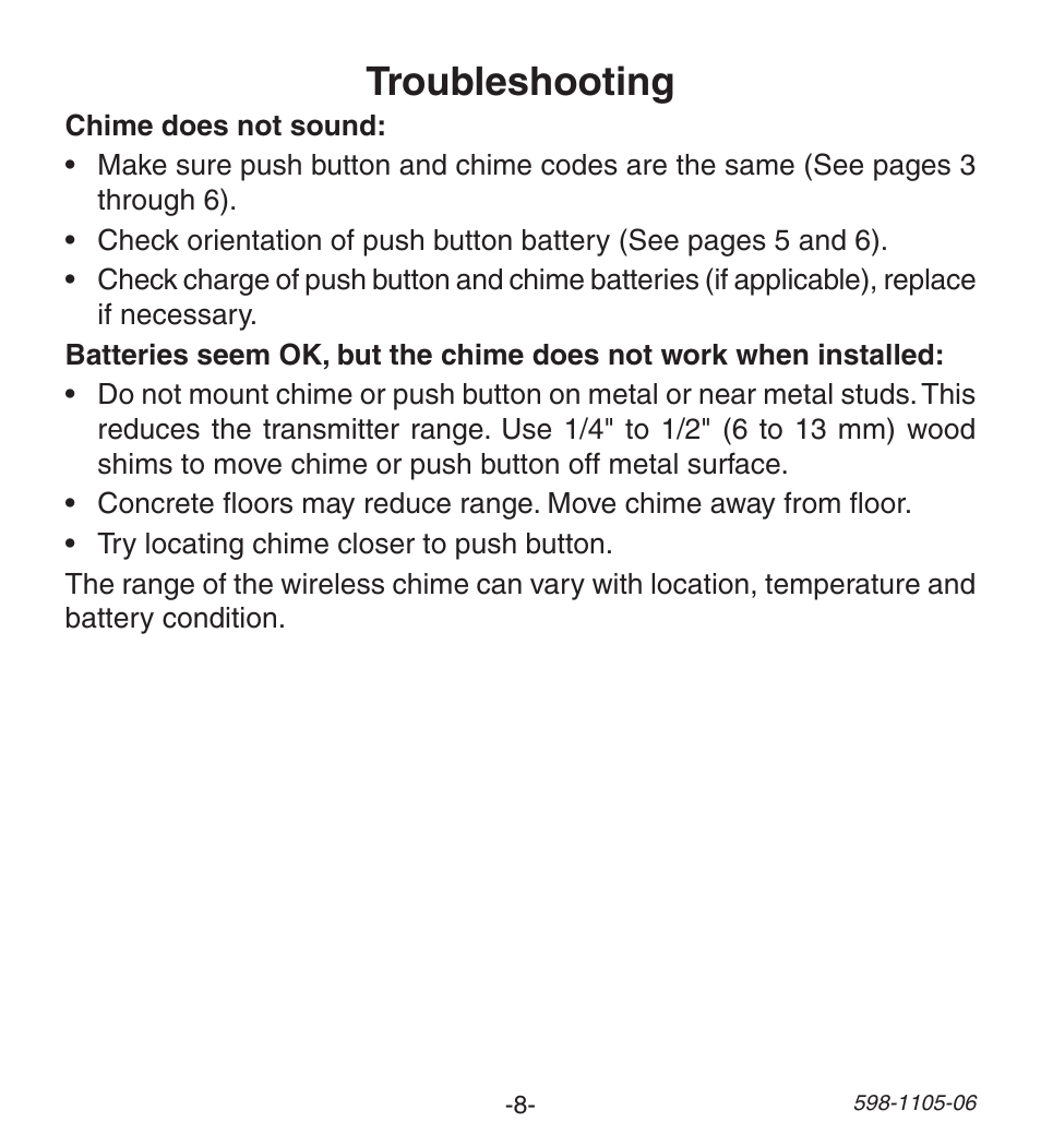 Troubleshooting | Heath Zenith Wireless Push Button Accessory 598-1105-06 User Manual | Page 8 / 32