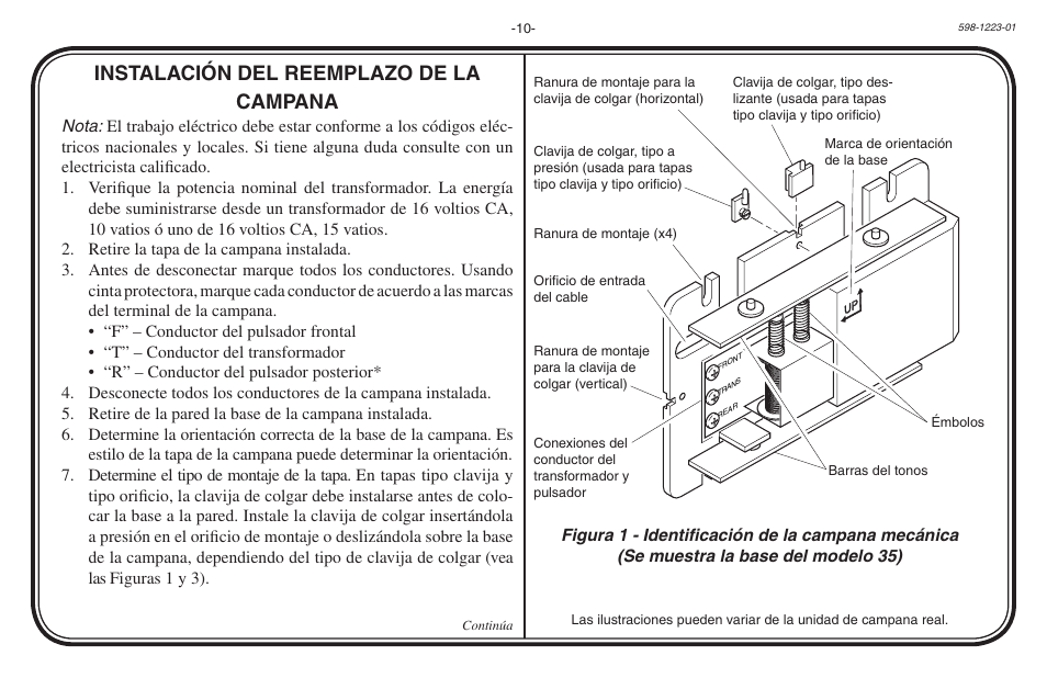 Instalación del reemplazo de la campana | Heath Zenith Hardwired Mechanical Chime 598-1223-01 User Manual | Page 10 / 24