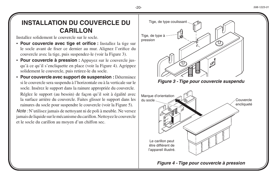 Installation du couvercle du carillon, Figure 4 - tige pour couvercle à pression | Heath Zenith Hardwired Mechanical Chime 598-1223-01 User Manual | Page 20 / 24