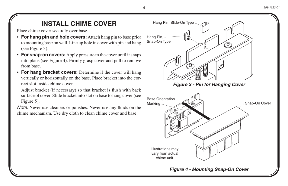 Install chime cover, Figure 4 - mounting snap-on cover, Figure 3 - pin for hanging cover | Heath Zenith Hardwired Mechanical Chime 598-1223-01 User Manual | Page 4 / 24