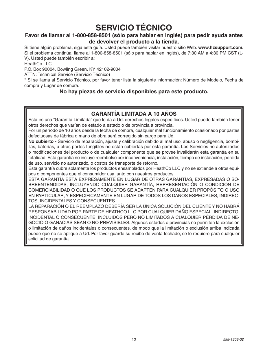 Servicio técnico | Heath Zenith 5718 User Manual | Page 12 / 20