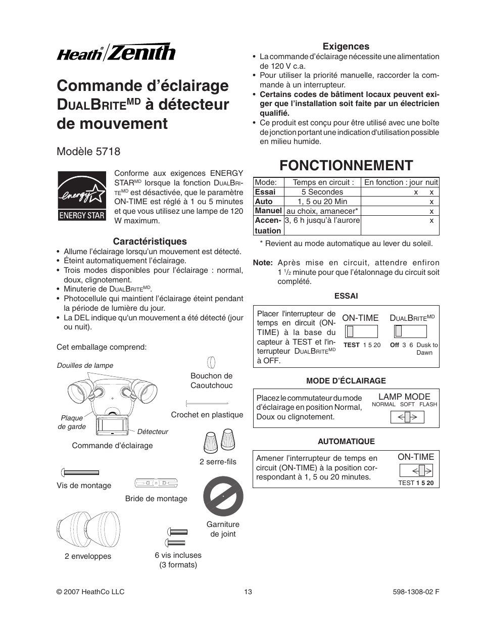 Commande d’éclairage d, À détecteur de mouvement, Fonctionnement | Modèle 5718, Rite | Heath Zenith 5718 User Manual | Page 13 / 20