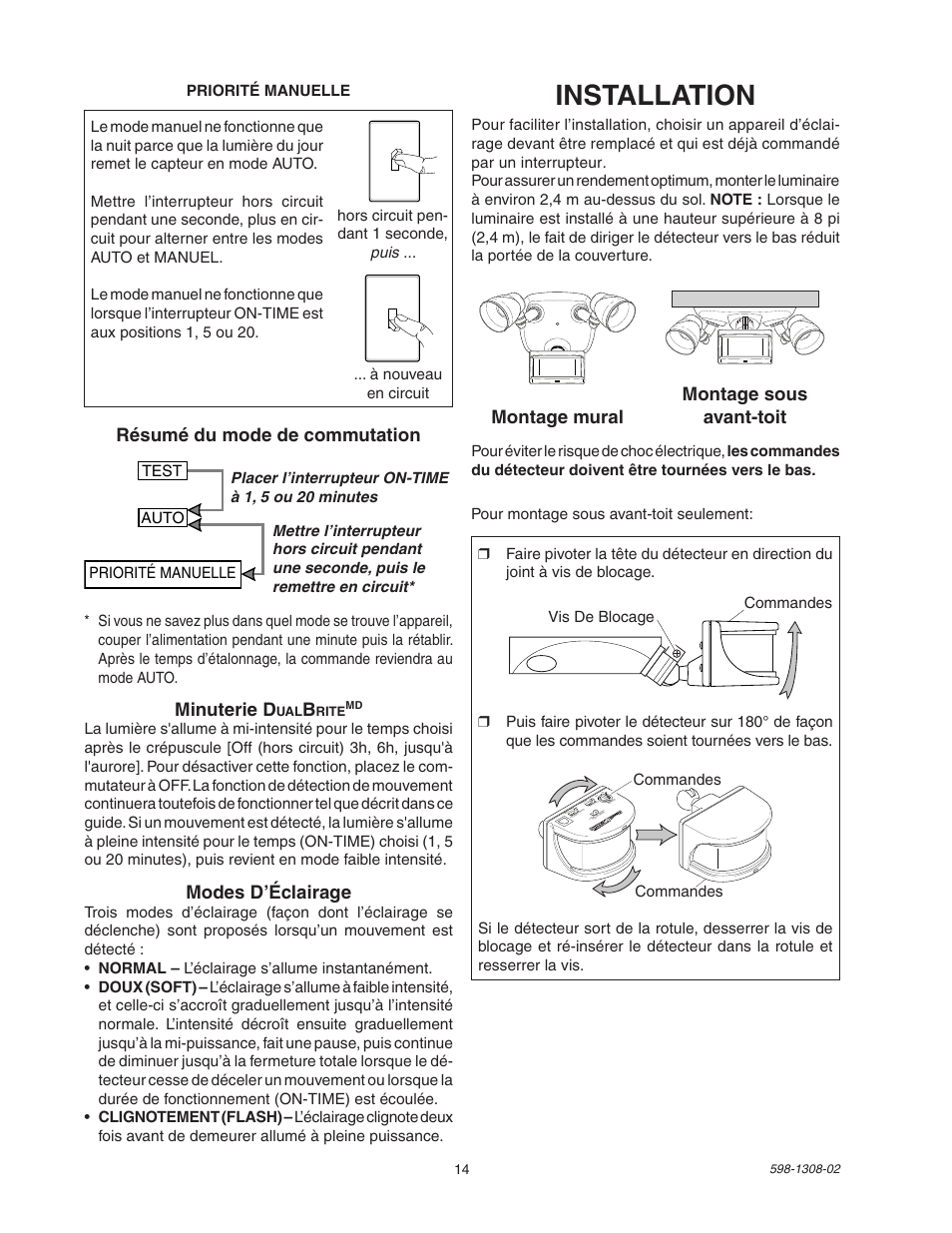 Installation, Montage mural montage sous avant-toit, Résumé du mode de commutation minuterie d | Modes d’éclairage | Heath Zenith 5718 User Manual | Page 14 / 20