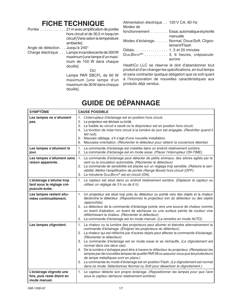 Fiche technique, Guide de dépannage | Heath Zenith 5718 User Manual | Page 17 / 20